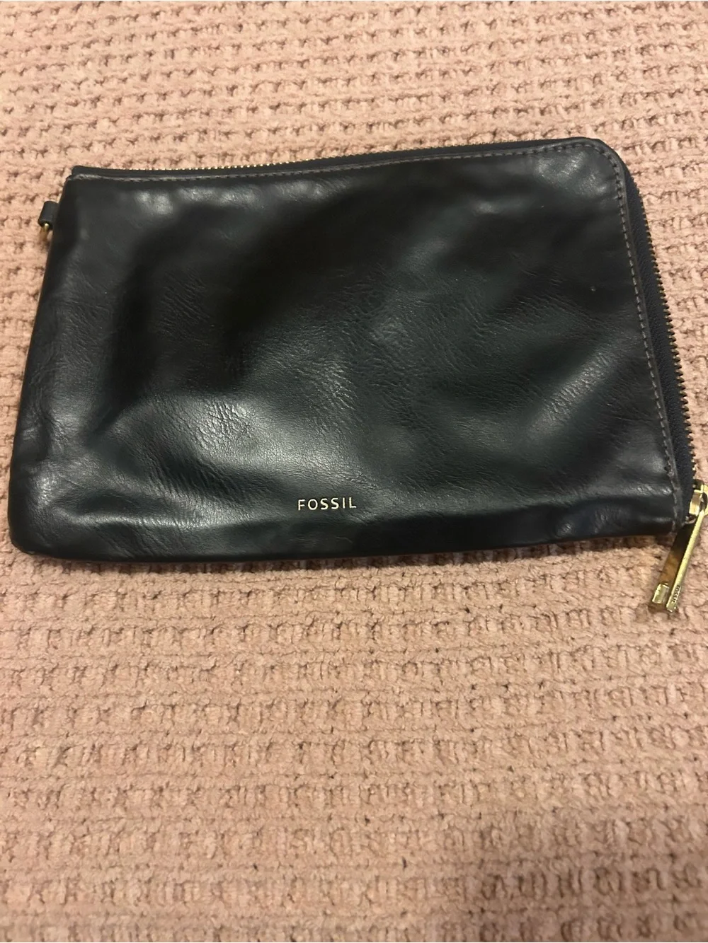 Fossil Black Leather Wristlet and Coin Pouch Set with Gold Hardware